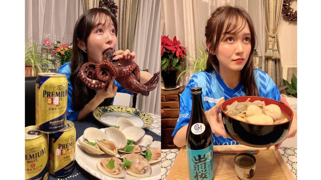 対戦相手チームのご当地グルメを食べる三田萌日香